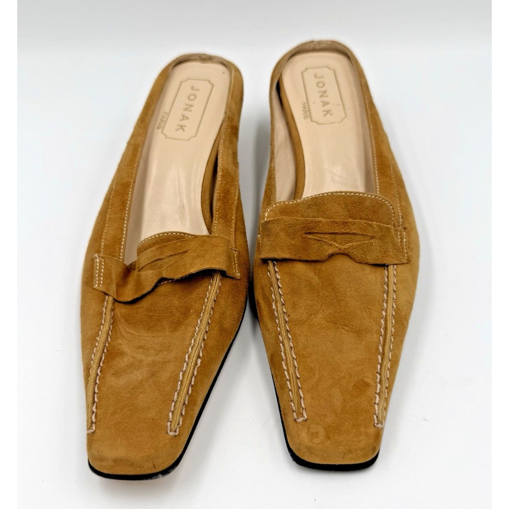 Jonak Paris Suede Loafer Mules EU 41 Camel Square Toe Kitten Heel Y2K